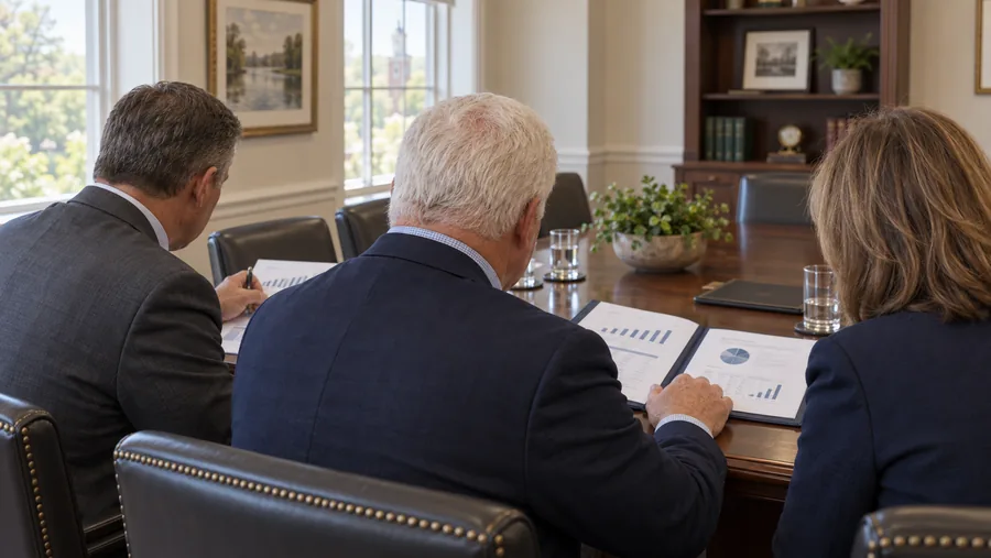 Three people around a conference table working through plan documents.