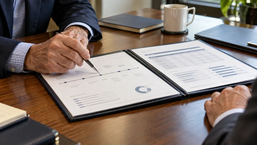 A pen tracing a plan timeline across an open briefing folder.